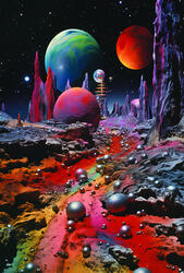 Metallic spheres scatter across the surface, suggesting discovery, mystery, and the infinite possibilities of distant worlds. Price: 200,- DKK Poster in 50x70 cm (including exhibiting frame)