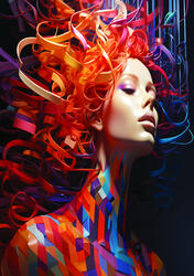 Warm reds and electric blues weave around a peaceful face, symbolizing the harmony between chaos and calm, emotion and stillness. Price: 200,- DKK Poster in 50x70 cm (including exhibiting frame)